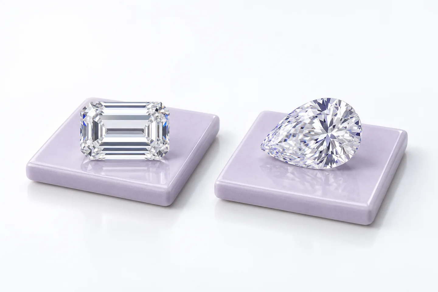 Diamants taille émeraude et poire sur des supports clairs